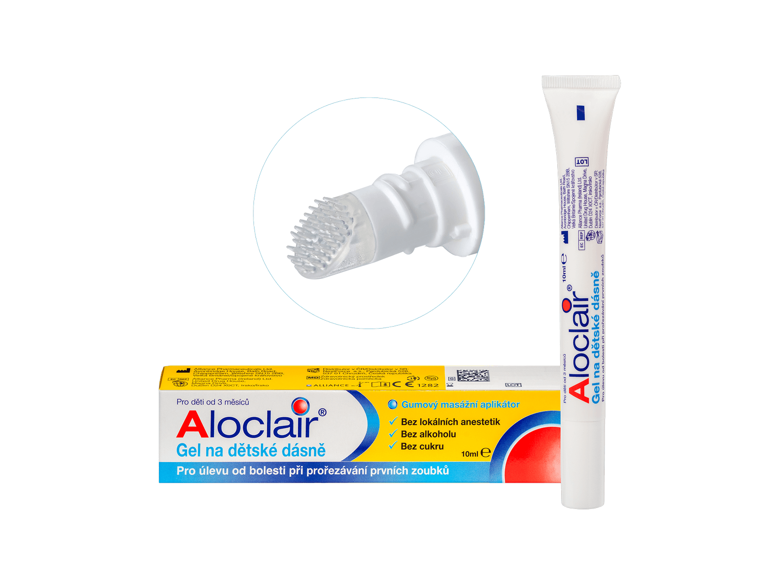 Aloclair gel na dětské dásně 10 ml — balení a aplikátor