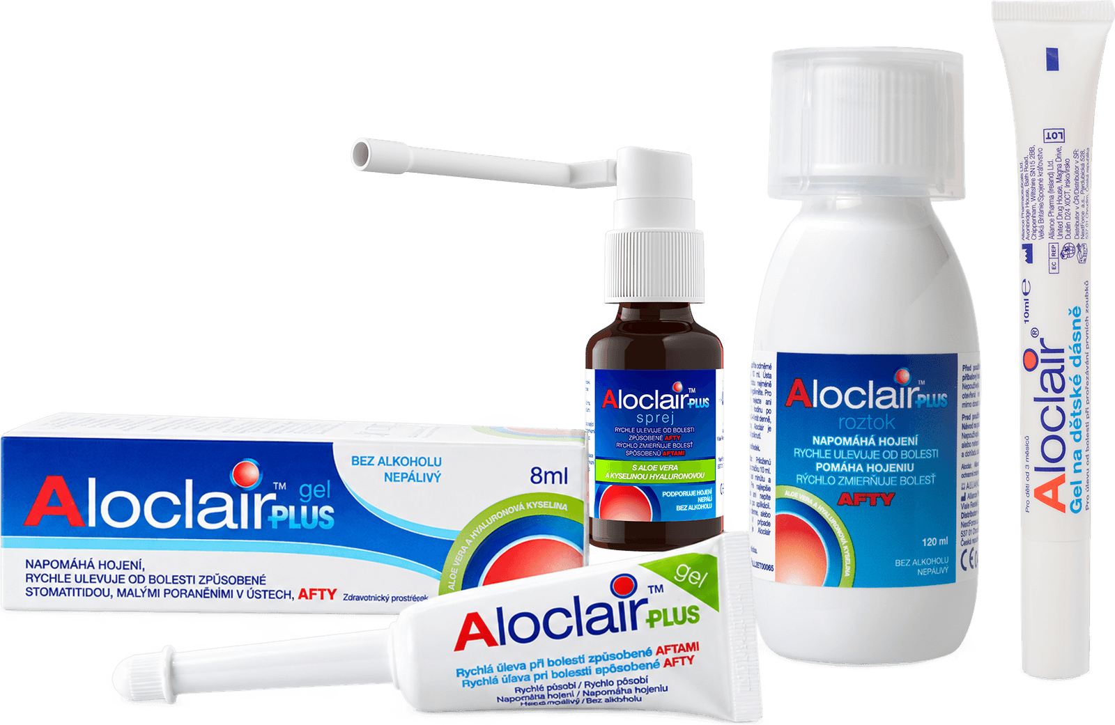 Řada Aloclair — Plus gel, Plus sprej, Plus roztok a gel na dětské dásně