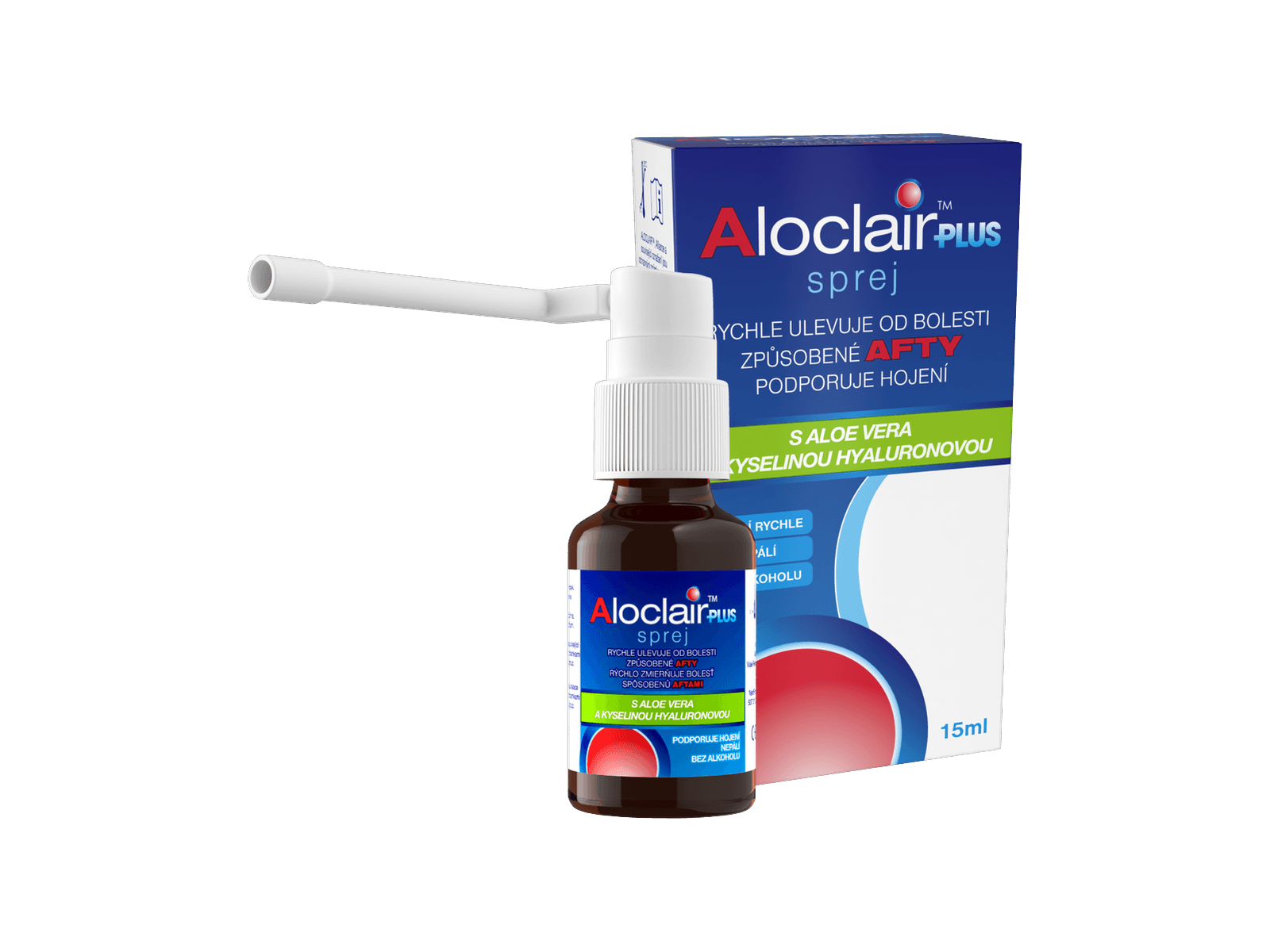 Aloclair Plus sprej 15 ml — lahvička s aplikátorem a krabička